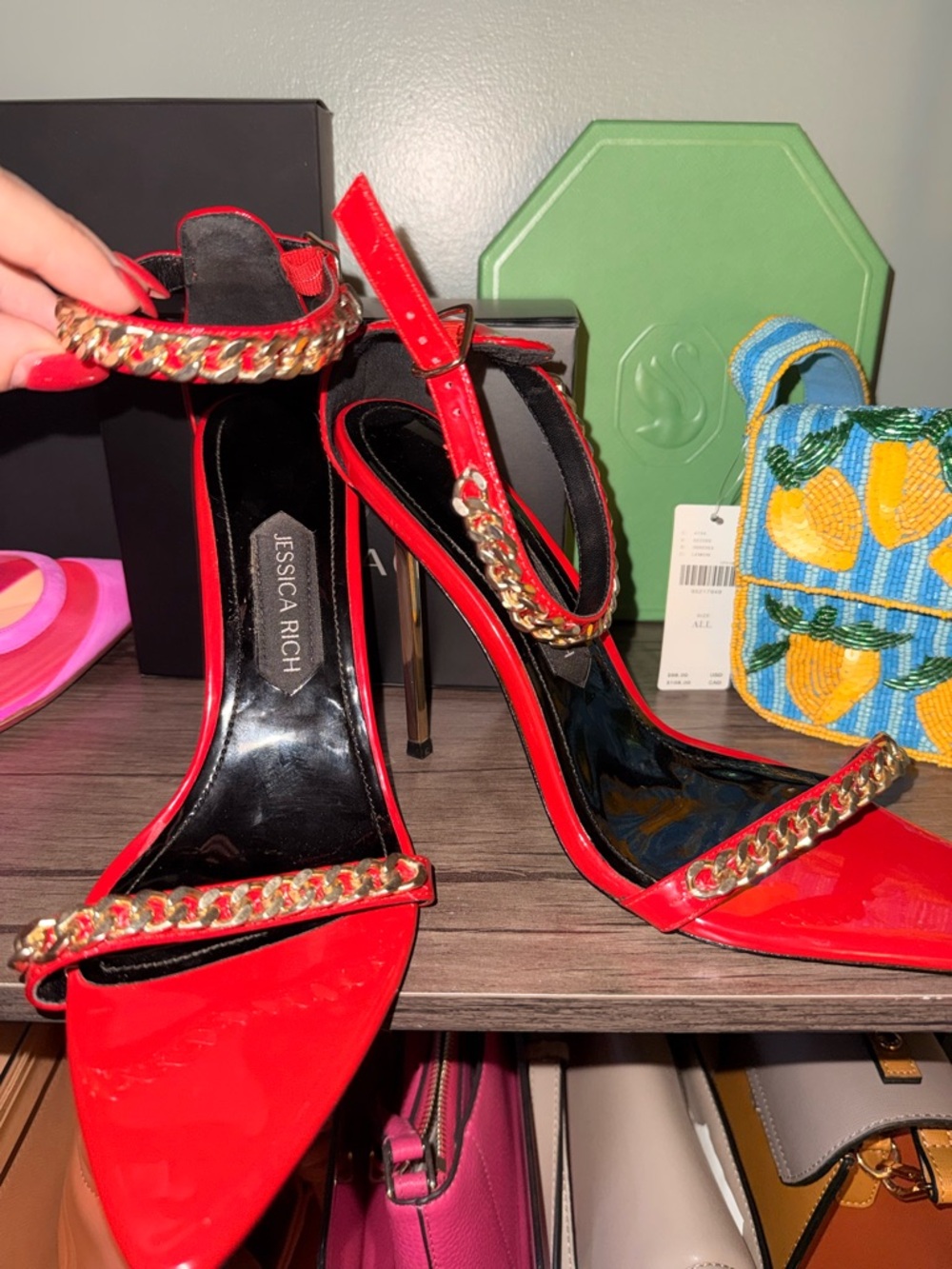 Jessica Red Patent Leather Heels with Gold Chain Detail - Picture 10 of 11